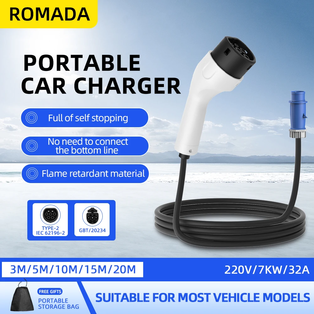 Portable Ev Charger 32A Type 2 Cee Plug - ROMADA Tip2 IEC62196-2 Elektrikli Araçlar İçin