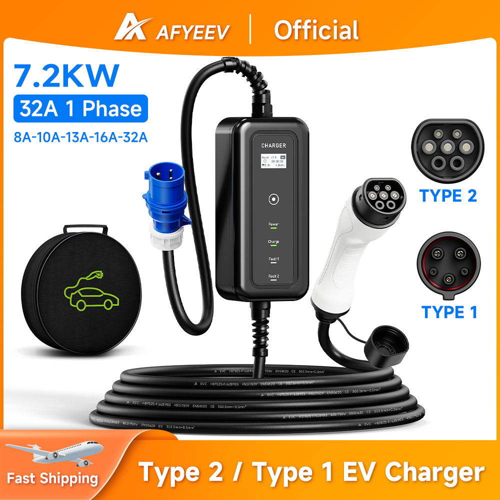 Portable Ev Charger 32A Type 2 Cee Plug - AFYEEV taşınabilir elektrikli araç şarjı Wallbox