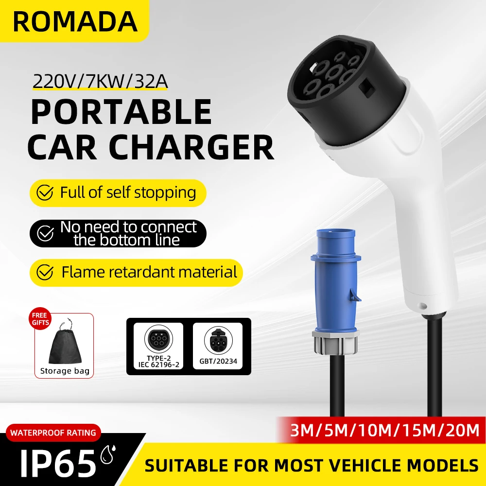 ROMADA Tip2 IEC62196-2 Elektri - Portable Ev Charger 32A Type 2 Cee Plug incelemesi ve fiyatı